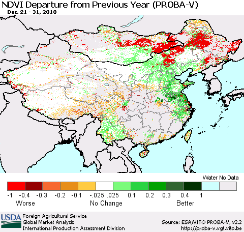China, Mongolia and Taiwan NDVI Departure from Previous Year (PROBA-V) Thematic Map For 12/21/2018 - 12/31/2018