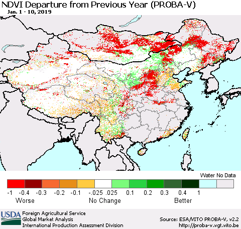 China, Mongolia and Taiwan NDVI Departure from Previous Year (PROBA-V) Thematic Map For 1/1/2019 - 1/10/2019