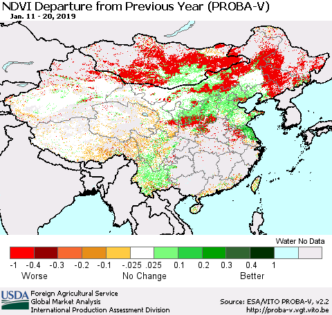 China, Mongolia and Taiwan NDVI Departure from Previous Year (PROBA-V) Thematic Map For 1/11/2019 - 1/20/2019