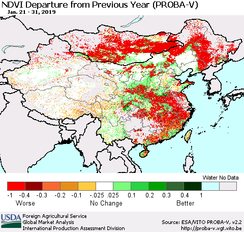 China, Mongolia and Taiwan NDVI Departure from Previous Year (PROBA-V) Thematic Map For 1/21/2019 - 1/31/2019