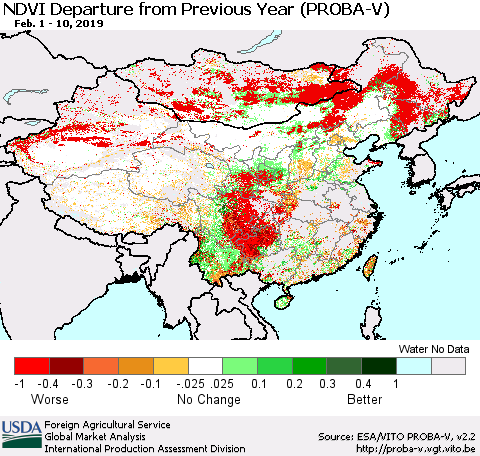 China, Mongolia and Taiwan NDVI Departure from Previous Year (PROBA-V) Thematic Map For 2/1/2019 - 2/10/2019