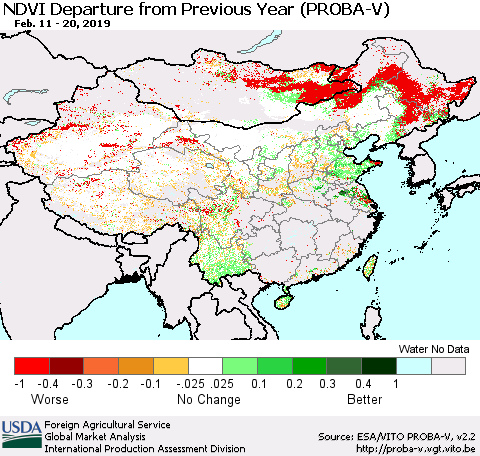 China, Mongolia and Taiwan NDVI Departure from Previous Year (PROBA-V) Thematic Map For 2/11/2019 - 2/20/2019