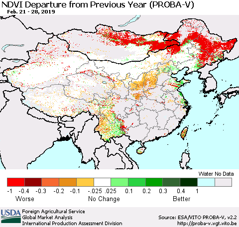 China, Mongolia and Taiwan NDVI Departure from Previous Year (PROBA-V) Thematic Map For 2/21/2019 - 2/28/2019
