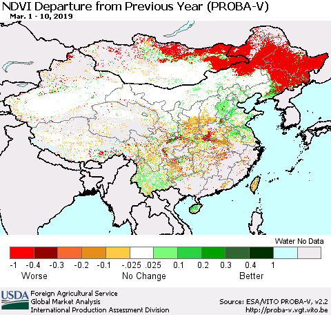 China, Mongolia and Taiwan NDVI Departure from Previous Year (PROBA-V) Thematic Map For 3/1/2019 - 3/10/2019