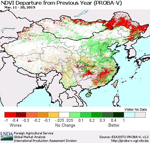 China, Mongolia and Taiwan NDVI Departure from Previous Year (PROBA-V) Thematic Map For 3/11/2019 - 3/20/2019