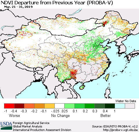 China, Mongolia and Taiwan NDVI Departure from Previous Year (PROBA-V) Thematic Map For 3/21/2019 - 3/31/2019