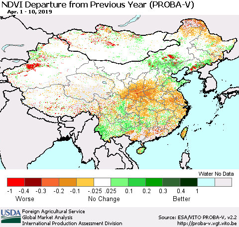China, Mongolia and Taiwan NDVI Departure from Previous Year (PROBA-V) Thematic Map For 4/1/2019 - 4/10/2019
