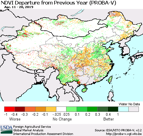 China, Mongolia and Taiwan NDVI Departure from Previous Year (PROBA-V) Thematic Map For 4/11/2019 - 4/20/2019