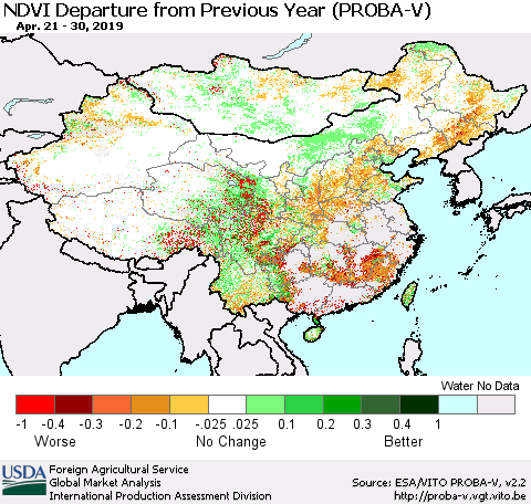 China, Mongolia and Taiwan NDVI Departure from Previous Year (PROBA-V) Thematic Map For 4/21/2019 - 4/30/2019