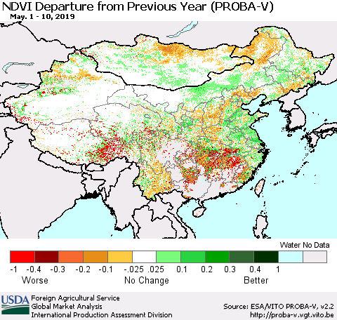 China, Mongolia and Taiwan NDVI Departure from Previous Year (PROBA-V) Thematic Map For 5/1/2019 - 5/10/2019