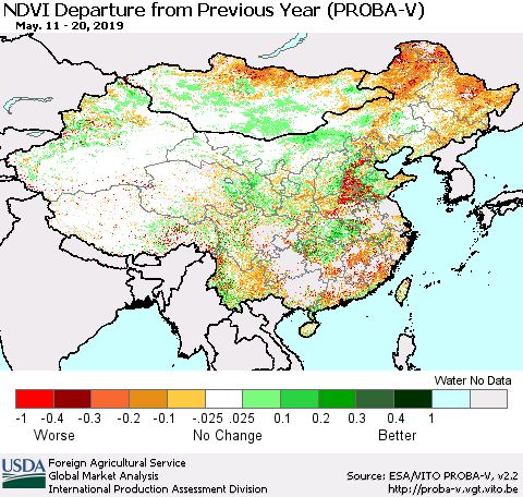 China, Mongolia and Taiwan NDVI Departure from Previous Year (PROBA-V) Thematic Map For 5/11/2019 - 5/20/2019