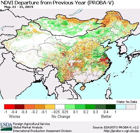 China, Mongolia and Taiwan NDVI Departure from Previous Year (PROBA-V) Thematic Map For 5/21/2019 - 5/31/2019