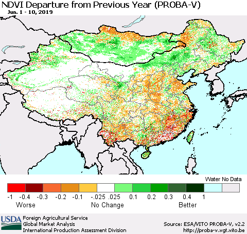 China, Mongolia and Taiwan NDVI Departure from Previous Year (PROBA-V) Thematic Map For 6/1/2019 - 6/10/2019