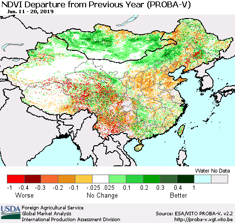 China, Mongolia and Taiwan NDVI Departure from Previous Year (PROBA-V) Thematic Map For 6/11/2019 - 6/20/2019