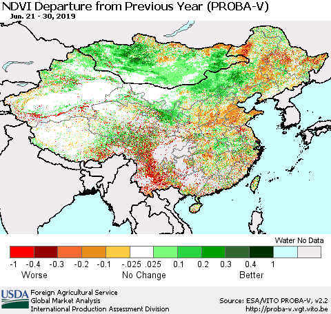 China, Mongolia and Taiwan NDVI Departure from Previous Year (PROBA-V) Thematic Map For 6/21/2019 - 6/30/2019