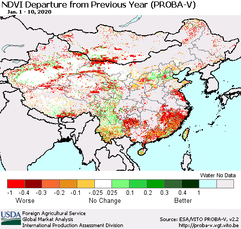 China, Mongolia and Taiwan NDVI Departure from Previous Year (PROBA-V) Thematic Map For 1/1/2020 - 1/10/2020