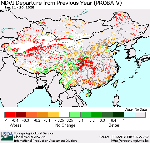 China, Mongolia and Taiwan NDVI Departure from Previous Year (PROBA-V) Thematic Map For 1/11/2020 - 1/20/2020