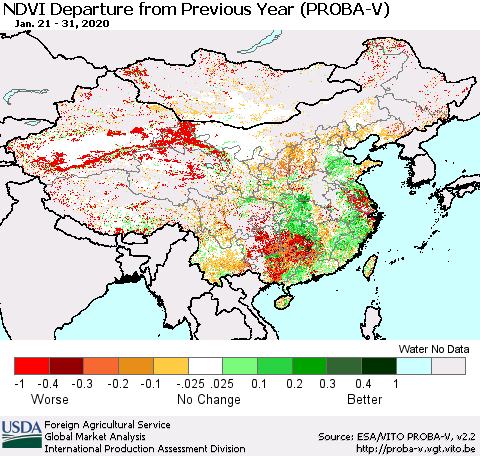 China, Mongolia and Taiwan NDVI Departure from Previous Year (PROBA-V) Thematic Map For 1/21/2020 - 1/31/2020