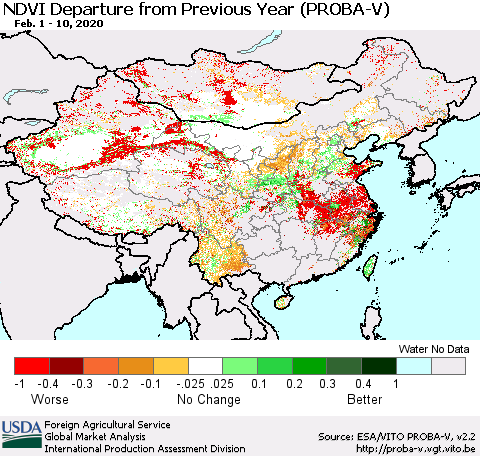 China, Mongolia and Taiwan NDVI Departure from Previous Year (PROBA-V) Thematic Map For 2/1/2020 - 2/10/2020
