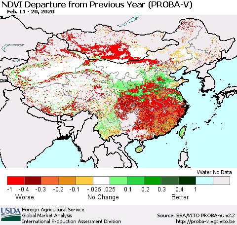China, Mongolia and Taiwan NDVI Departure from Previous Year (PROBA-V) Thematic Map For 2/11/2020 - 2/20/2020