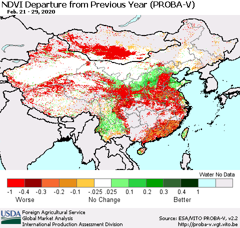 China, Mongolia and Taiwan NDVI Departure from Previous Year (PROBA-V) Thematic Map For 2/21/2020 - 2/29/2020