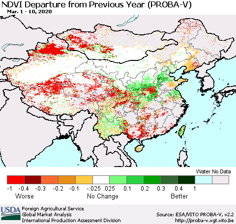 China, Mongolia and Taiwan NDVI Departure from Previous Year (PROBA-V) Thematic Map For 3/1/2020 - 3/10/2020