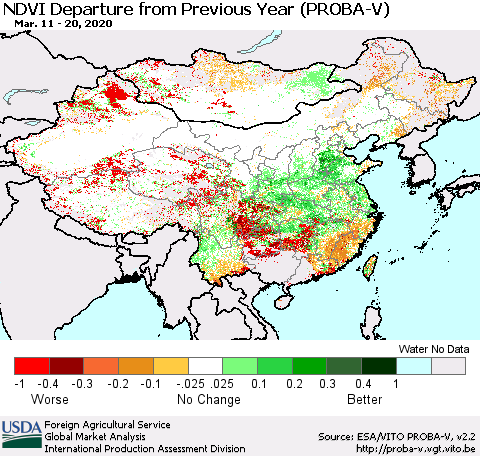 China, Mongolia and Taiwan NDVI Departure from Previous Year (PROBA-V) Thematic Map For 3/11/2020 - 3/20/2020