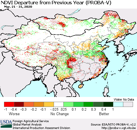 China, Mongolia and Taiwan NDVI Departure from Previous Year (PROBA-V) Thematic Map For 3/21/2020 - 3/31/2020