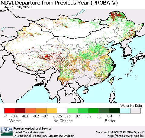 China, Mongolia and Taiwan NDVI Departure from Previous Year (PROBA-V) Thematic Map For 4/1/2020 - 4/10/2020