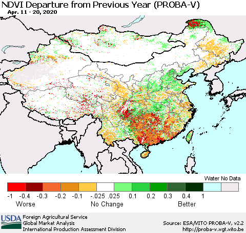 China, Mongolia and Taiwan NDVI Departure from Previous Year (PROBA-V) Thematic Map For 4/11/2020 - 4/20/2020