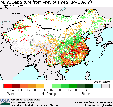 China, Mongolia and Taiwan NDVI Departure from Previous Year (PROBA-V) Thematic Map For 4/21/2020 - 4/30/2020