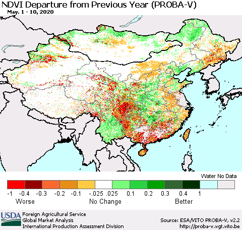 China, Mongolia and Taiwan NDVI Departure from Previous Year (PROBA-V) Thematic Map For 5/1/2020 - 5/10/2020