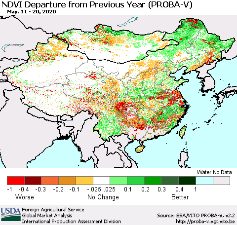 China, Mongolia and Taiwan NDVI Departure from Previous Year (PROBA-V) Thematic Map For 5/11/2020 - 5/20/2020