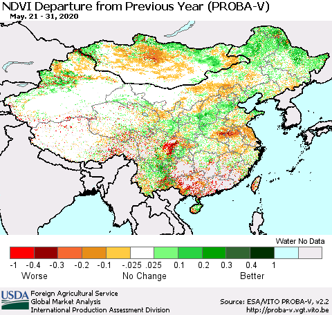 China, Mongolia and Taiwan NDVI Departure from Previous Year (PROBA-V) Thematic Map For 5/21/2020 - 5/31/2020