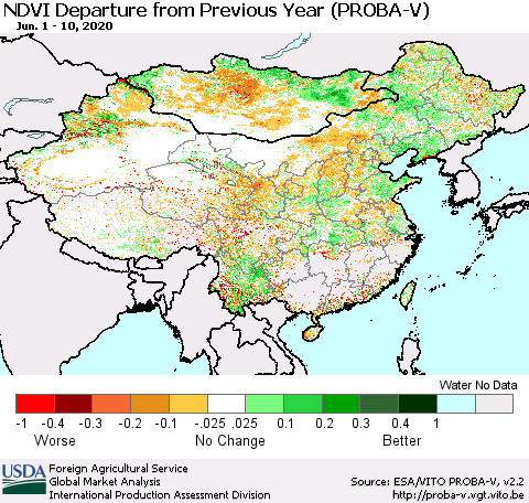 China, Mongolia and Taiwan NDVI Departure from Previous Year (PROBA-V) Thematic Map For 6/1/2020 - 6/10/2020