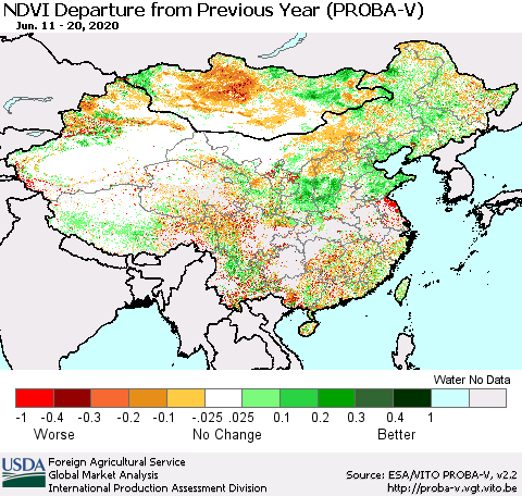 China, Mongolia and Taiwan NDVI Departure from Previous Year (PROBA-V) Thematic Map For 6/11/2020 - 6/20/2020