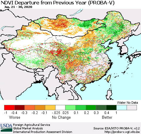China, Mongolia and Taiwan NDVI Departure from Previous Year (PROBA-V) Thematic Map For 6/21/2020 - 6/30/2020