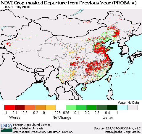 China, Mongolia and Taiwan NDVI Crop-masked Departure from Previous Year (PROBA-V) Thematic Map For 1/1/2018 - 1/10/2018