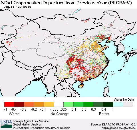 China, Mongolia and Taiwan NDVI Crop-masked Departure from Previous Year (PROBA-V) Thematic Map For 1/11/2018 - 1/20/2018