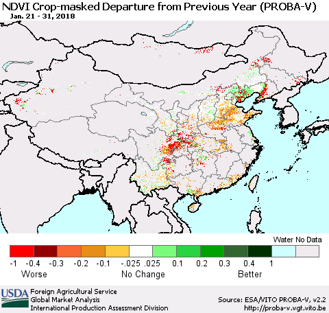 China, Mongolia and Taiwan NDVI Crop-masked Departure from Previous Year (PROBA-V) Thematic Map For 1/21/2018 - 1/31/2018