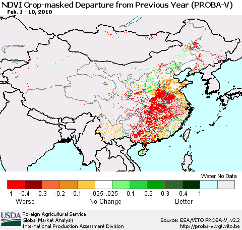 China, Mongolia and Taiwan NDVI Crop-masked Departure from Previous Year (PROBA-V) Thematic Map For 2/1/2018 - 2/10/2018