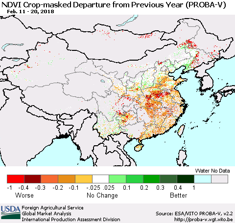 China, Mongolia and Taiwan NDVI Crop-masked Departure from Previous Year (PROBA-V) Thematic Map For 2/11/2018 - 2/20/2018