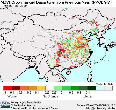 China, Mongolia and Taiwan NDVI Crop-masked Departure from Previous Year (PROBA-V) Thematic Map For 2/21/2018 - 2/28/2018