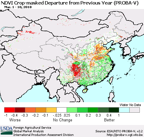 China, Mongolia and Taiwan NDVI Crop-masked Departure from Previous Year (PROBA-V) Thematic Map For 3/1/2018 - 3/10/2018