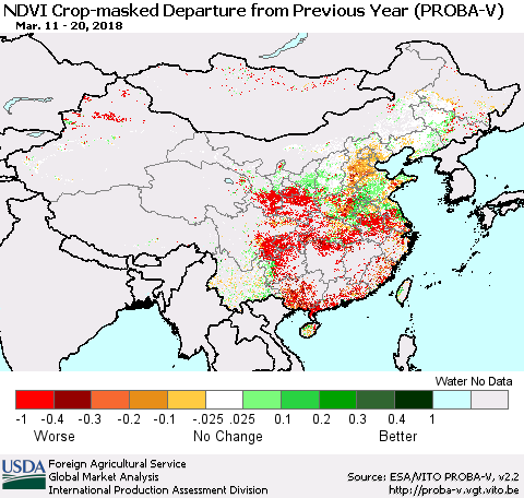 China, Mongolia and Taiwan NDVI Crop-masked Departure from Previous Year (PROBA-V) Thematic Map For 3/11/2018 - 3/20/2018