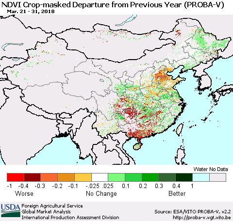 China, Mongolia and Taiwan NDVI Crop-masked Departure from Previous Year (PROBA-V) Thematic Map For 3/21/2018 - 3/31/2018