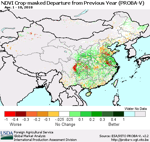 China, Mongolia and Taiwan NDVI Crop-masked Departure from Previous Year (PROBA-V) Thematic Map For 4/1/2018 - 4/10/2018