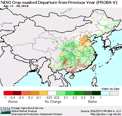 China, Mongolia and Taiwan NDVI Crop-masked Departure from Previous Year (PROBA-V) Thematic Map For 4/11/2018 - 4/20/2018