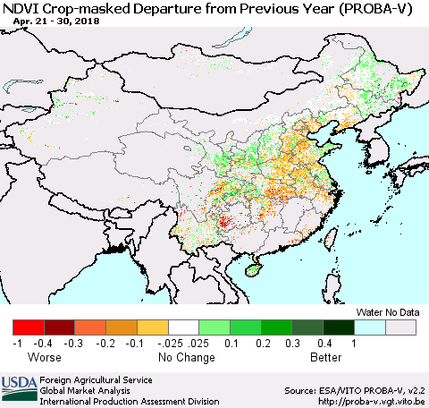 China, Mongolia and Taiwan NDVI Crop-masked Departure from Previous Year (PROBA-V) Thematic Map For 4/21/2018 - 4/30/2018