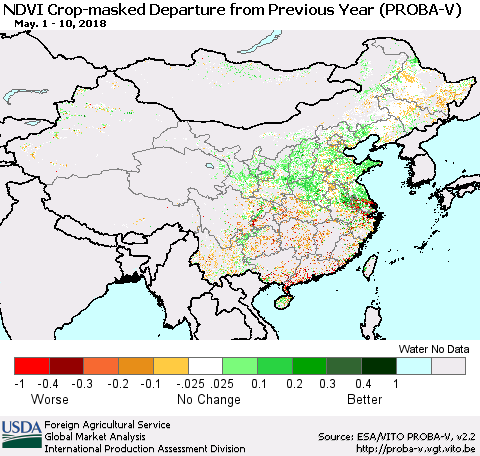 China, Mongolia and Taiwan NDVI Crop-masked Departure from Previous Year (PROBA-V) Thematic Map For 5/1/2018 - 5/10/2018
